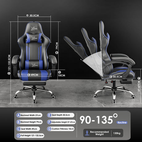Xstriker Gaming Chair With Footrest in black and blue, featuring ergonomic design, adjustable recline from 90° to 135°, and detailed size dimensions.
