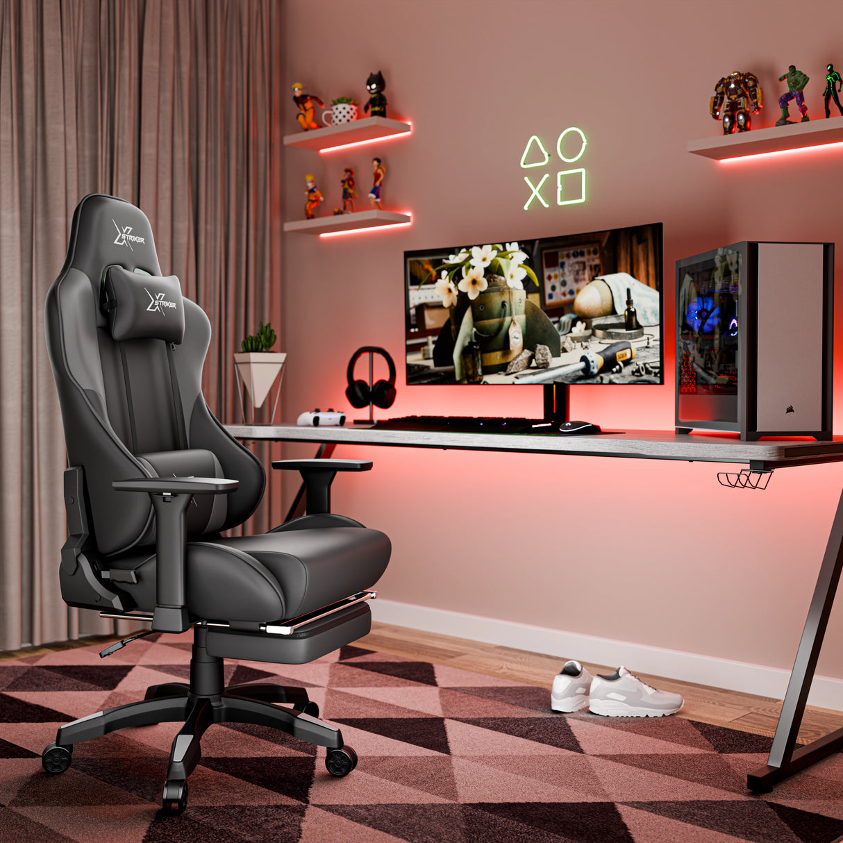 Gaming setup with a chair, desk, monitor, and neon lights in a room.