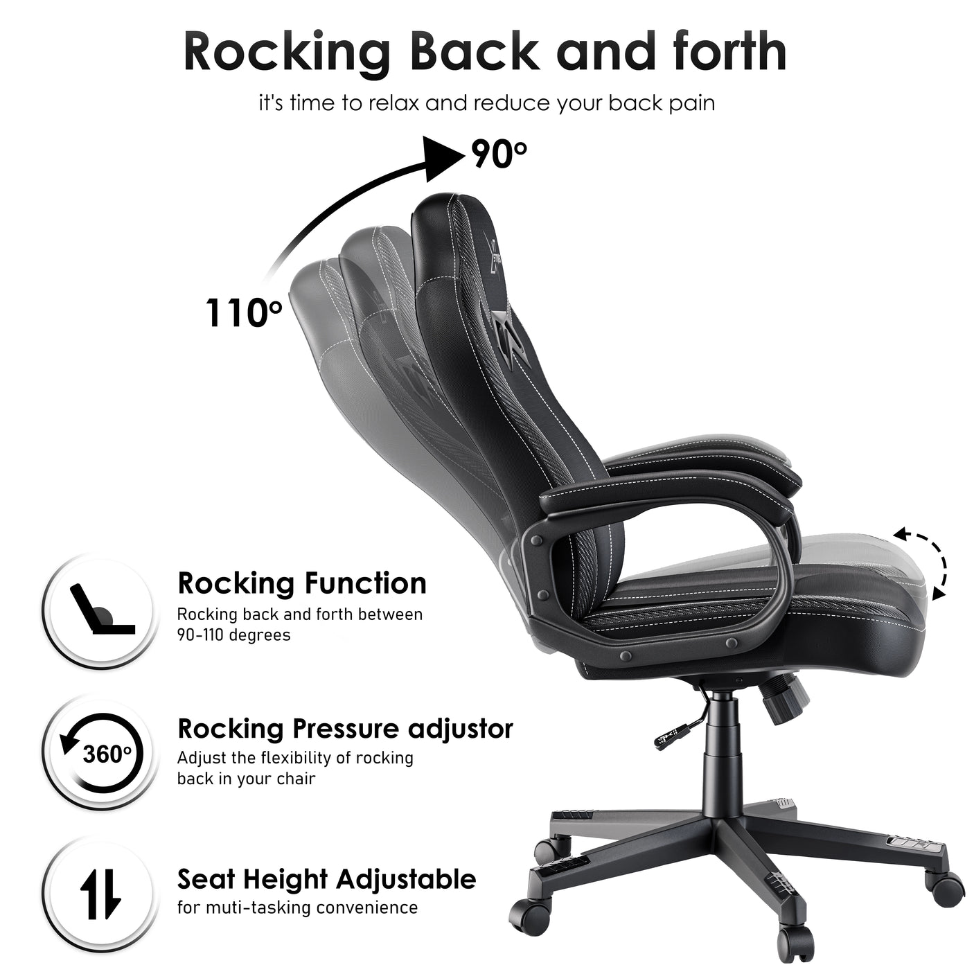 Xstriker Kids Gaming Chair with rocking function from 90 to 110 degrees, adjustable seat height, and pressure control for home office use.