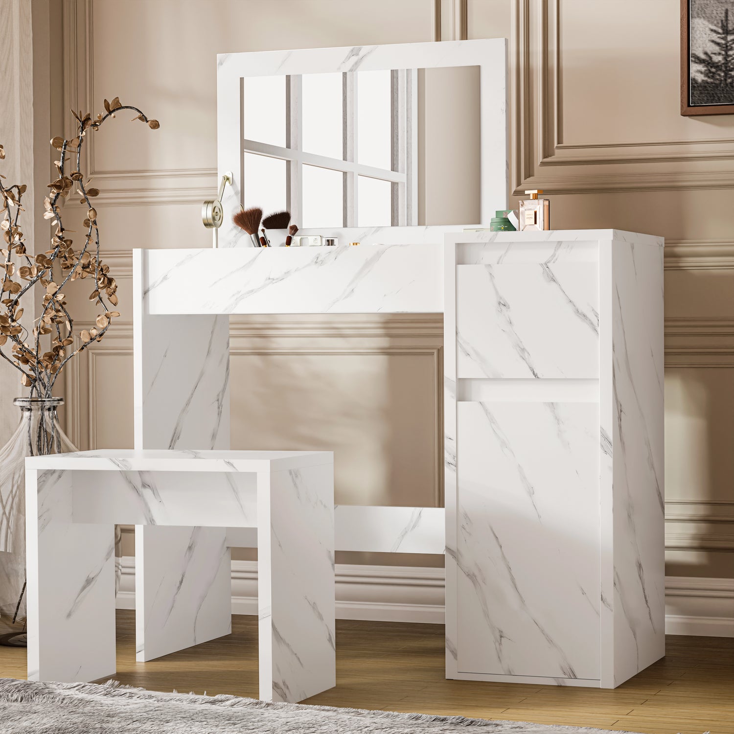 Modern white marble-effect makeup dressing table with flip-up mirror, storage compartments, and matching stool for bedroom vanity setup.