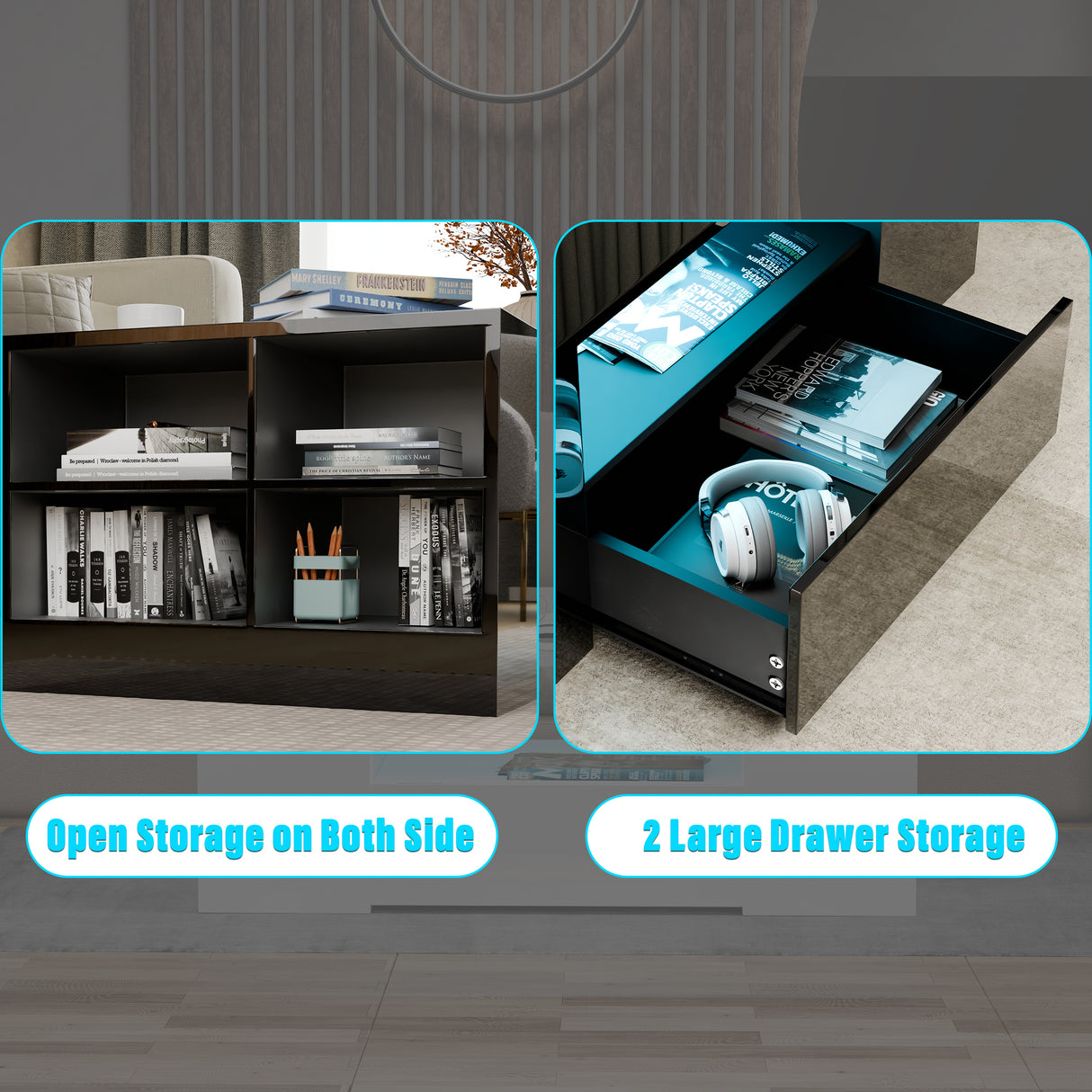 Detail view of black gloss coffee table with dual drawer storage and open shelving, illuminated by blue LED lights.