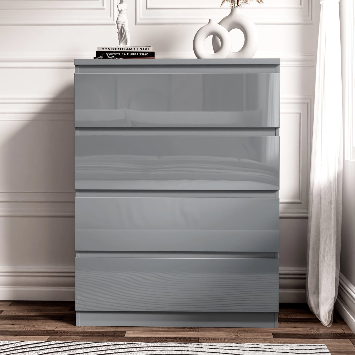 High Gloss 4 Drawer Chest of Drawers in sleek grey finish, perfect for modern bedroom storage. Features handleless design for a minimalist look.