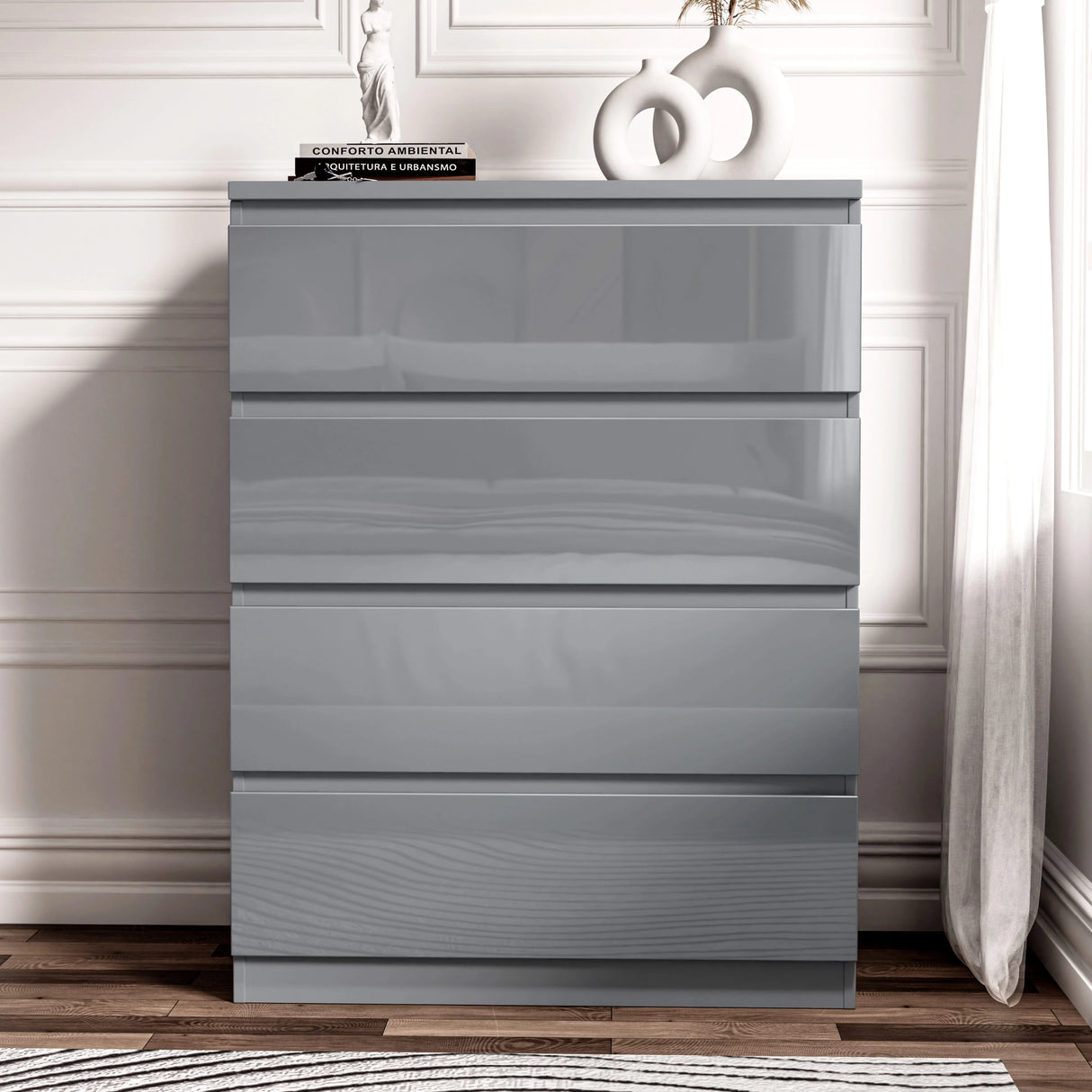 High Gloss 4 Drawer Chest of Drawers in sleek grey finish, perfect for modern bedroom storage. Features handleless design for a minimalist look.