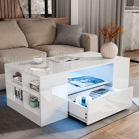 Led Coffee Table with Storage Drawers in high gloss white finish featuring open shelves, LED lighting, and a pull-out drawer for modern living rooms.