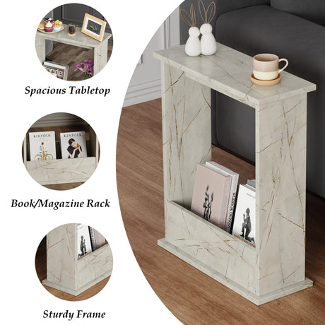 Gold marble tall side table from DHS with 3 feature inset: strong frame, book holder, and spacious tabletop.