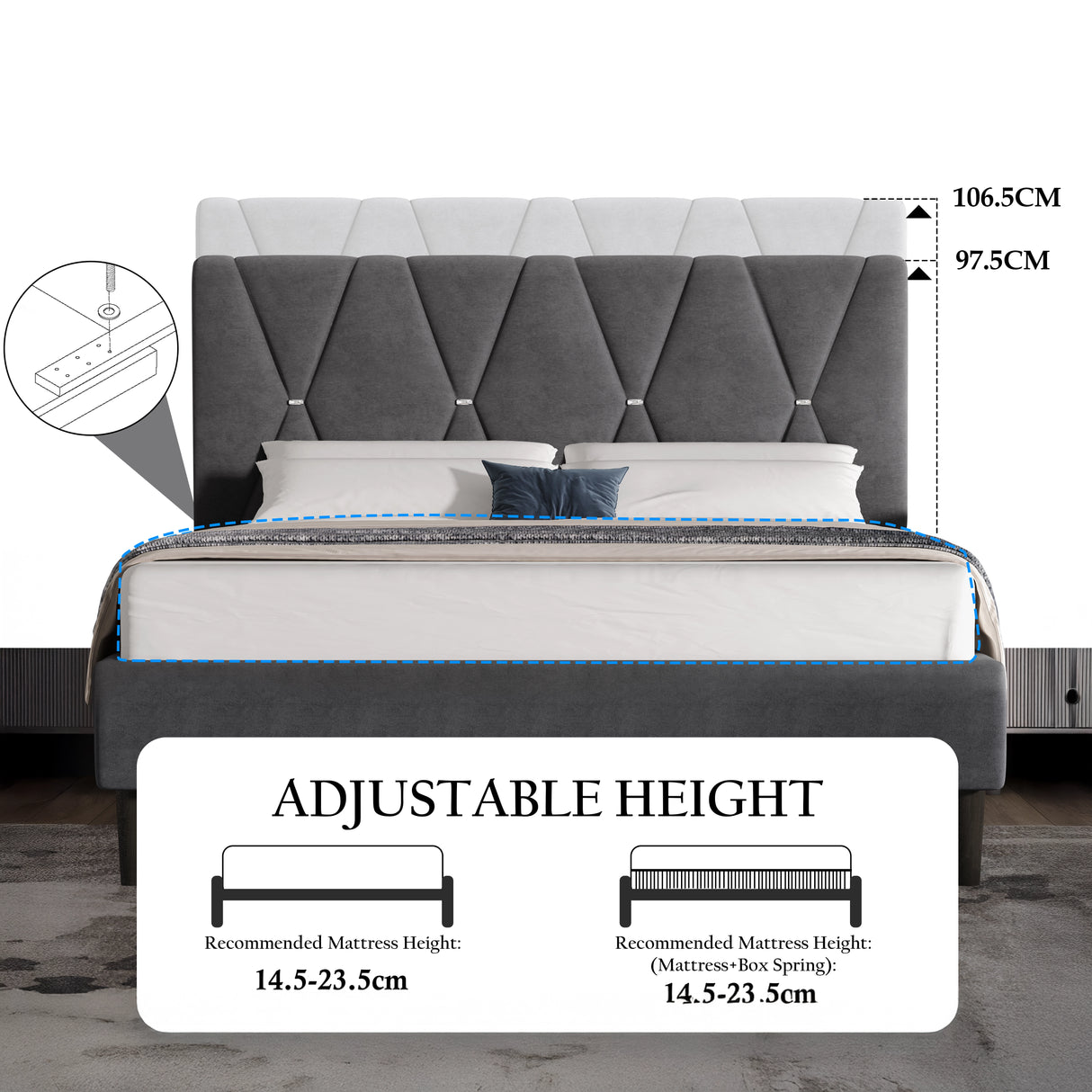 Grey upholstered bed with adjustable height feature and measurements on a white background