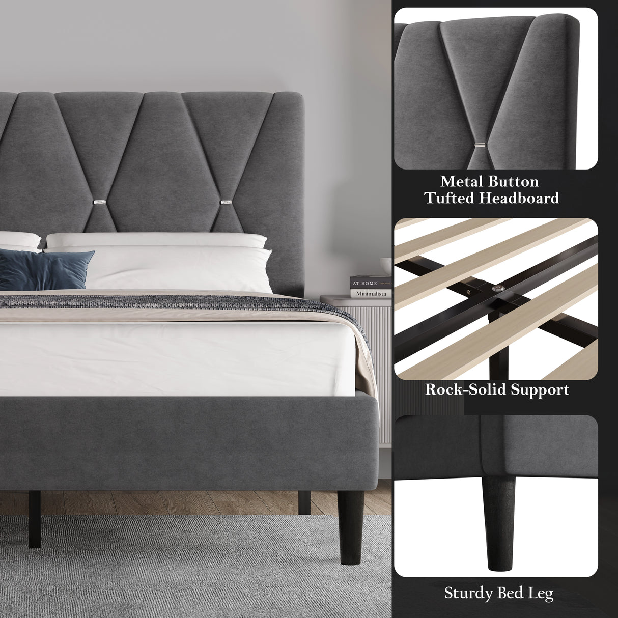 Grey tufted headboard bed with close-up details on metal buttons, support, and legs.