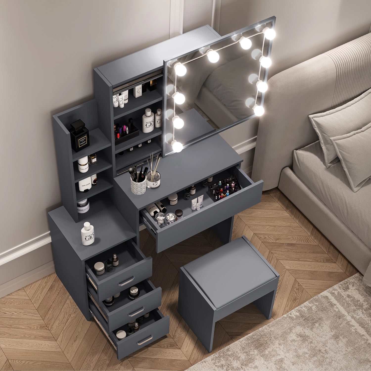 Gray vanity table with mirror and lights in a bedroom setting