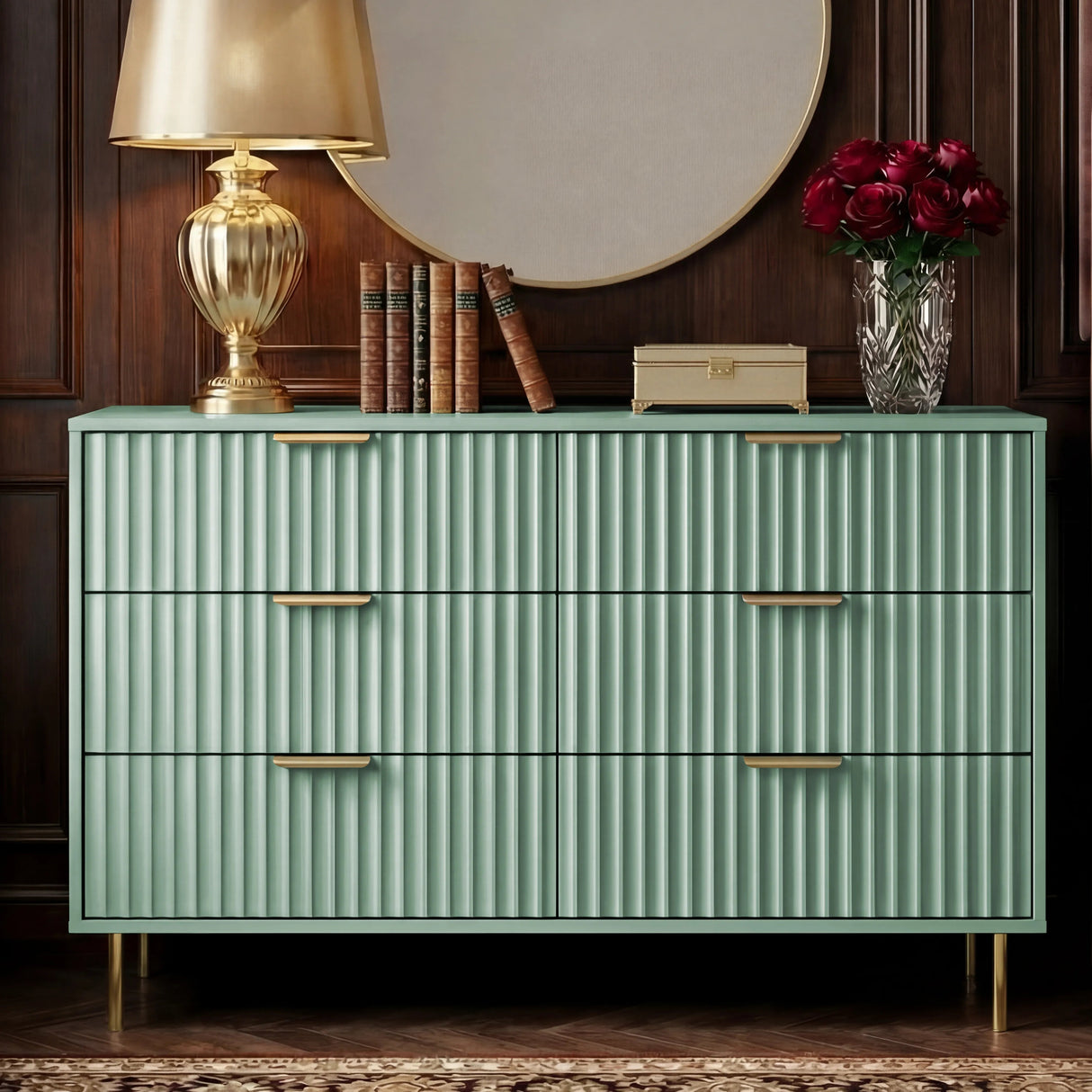 Front angle of green 6 drawer bedroom chest with vertical panel drawer fronts and golden metallic handles