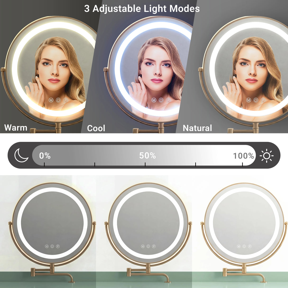 Flutrina design vanity dressing table with LED lights showing three adjustable light modes and brightness settings