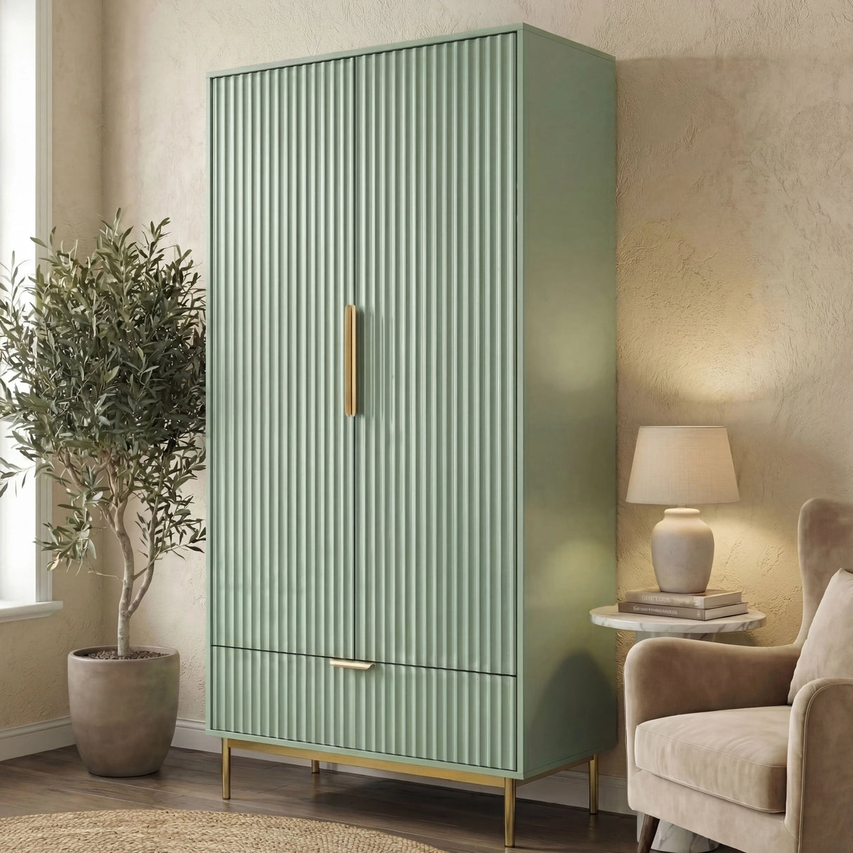 Green double door wardrobe cabinet with vertical surface pattern and golden finish, metal handles, and legs