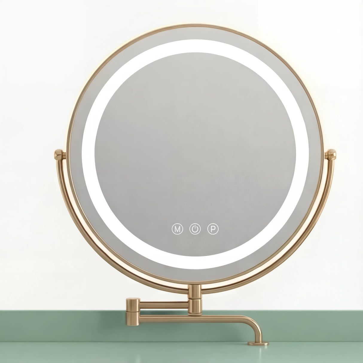 Close-up of a flutrina green makeup desk with a round mirror and adjustable three lighting modes, designed for grooming
