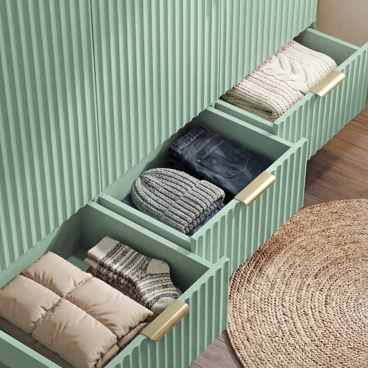 Green wardrobe drawer storage extended to reveal the internal layout for clothing