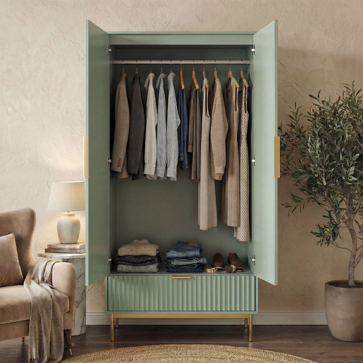 Green wardrobe open view with hanging rail, golden finish legs and bottom drawer storage section