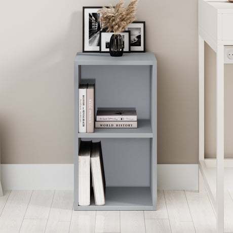neat front view of grey cube shelving unit styled with books, ideal for modern bedrooms or workspaces