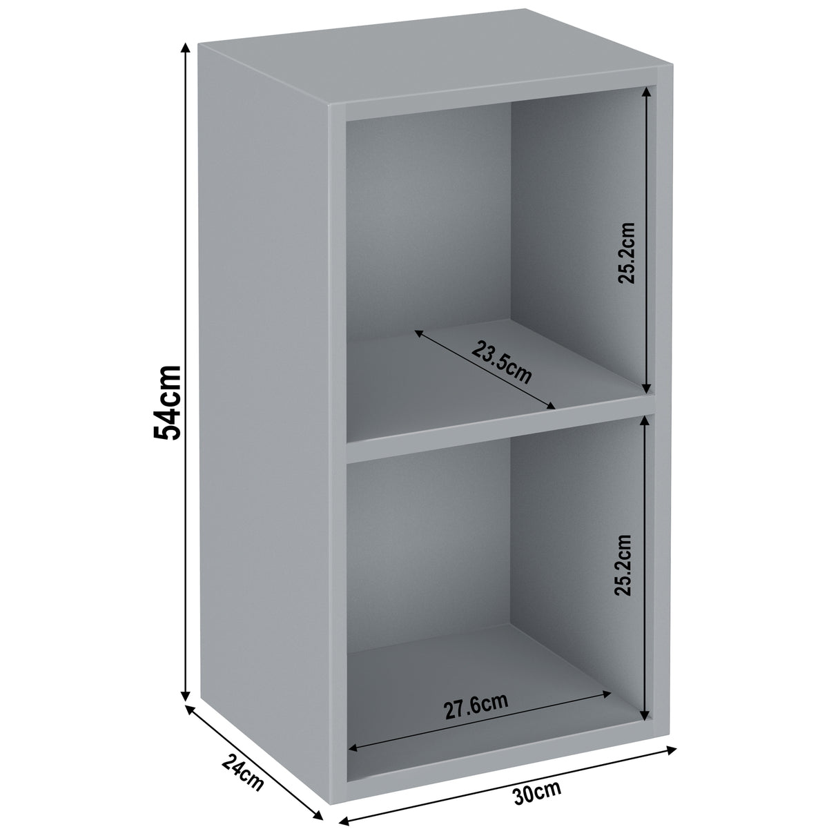 Grey 2 tier narrow bookshelf dimensions: height 54 cm and width: 30 cm. Shelf dimensions: height 25.2 cm and 23.5 cm.