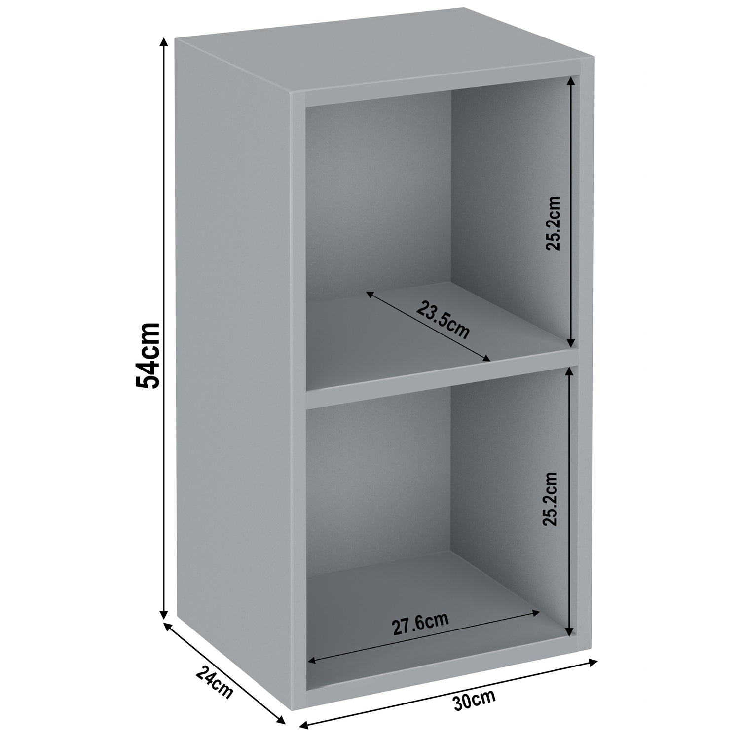 Grey 2 tier narrow bookshelf dimensions: height 54 cm and width: 30 cm. Shelf dimensions: height 25.2 cm and 23.5 cm.