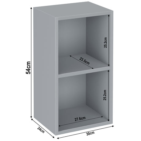 Grey 2 tier narrow bookshelf dimensions: height 54 cm and width: 30 cm. Shelf dimensions: height 25.2 cm and 23.5 cm.