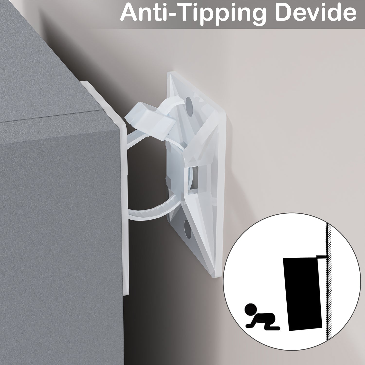 anti-tip device shown on grey thin bookcase, providing safety and style in narrow spaces