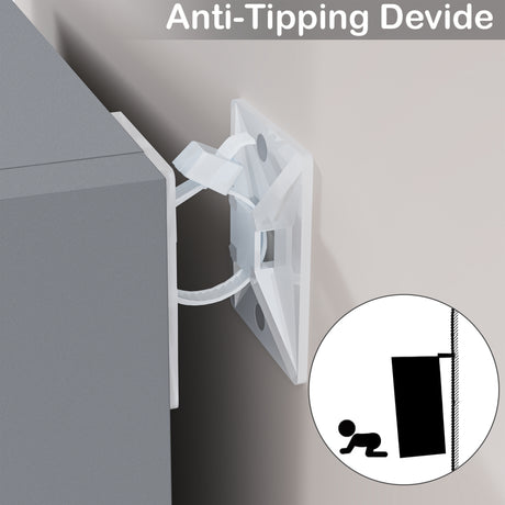 anti-tip device shown on grey thin bookcase, providing safety and style in narrow spaces
