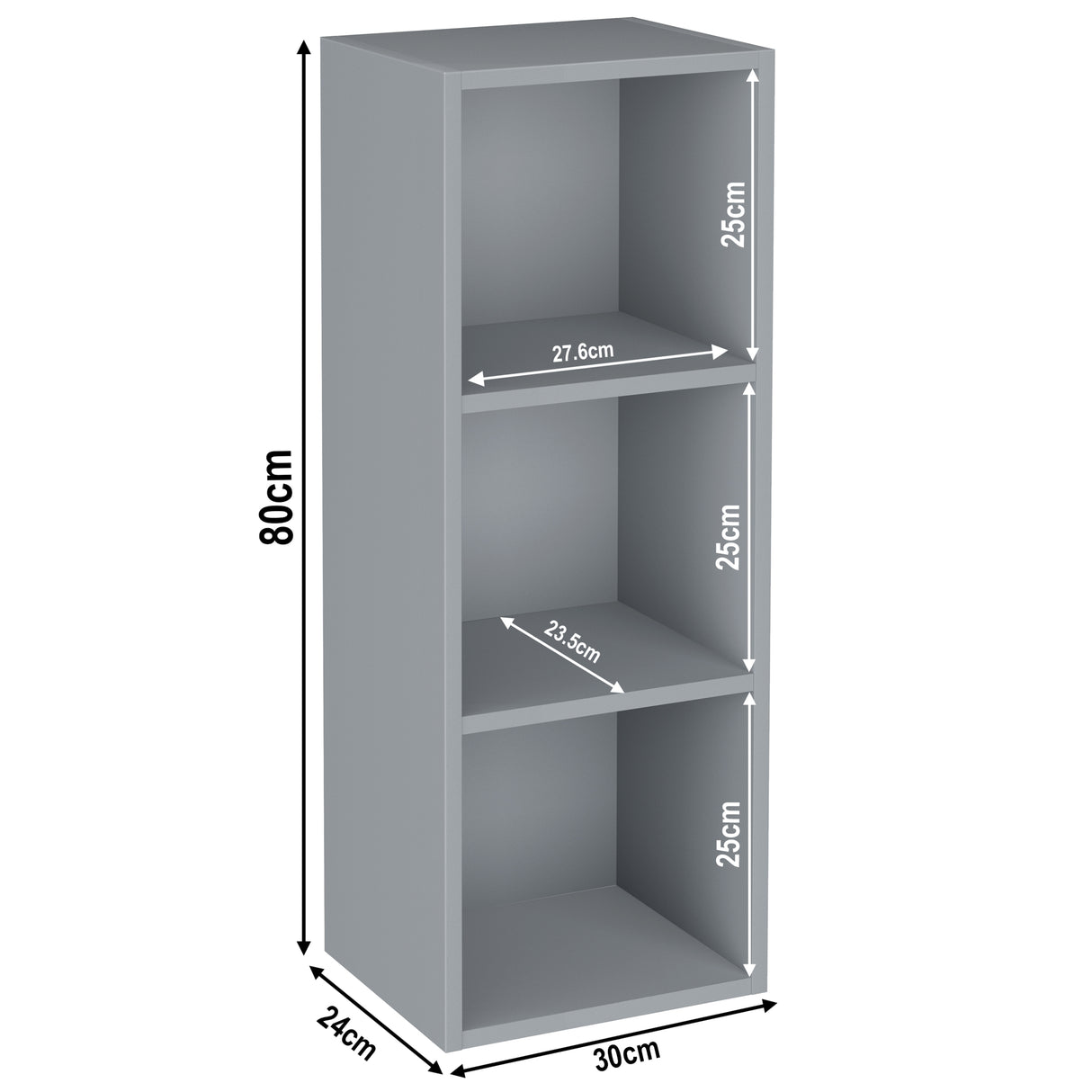 measurement of 3 tier grey slimline bookcases, height 80cm and width 30cm. Shelf dimensions: height 25cm and depth 23.5cm