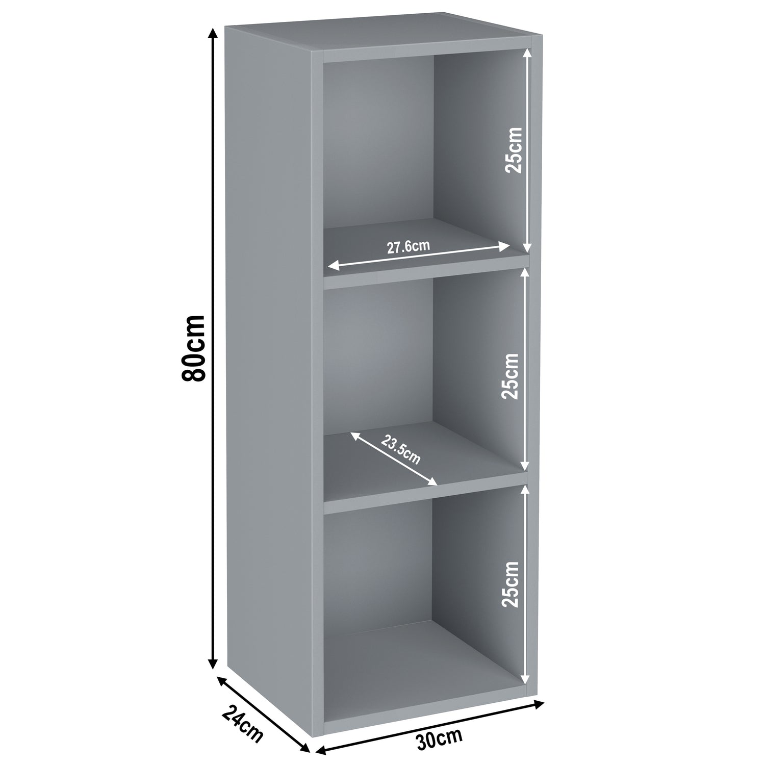 measurement of 3 tier grey slimline bookcases, height 80cm and width 30cm. Shelf dimensions: height 25cm and depth 23.5cm