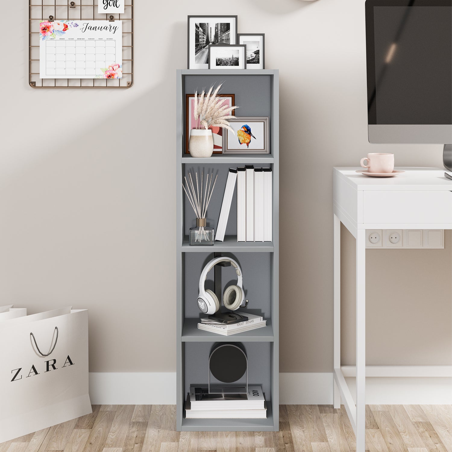 front view of grey free standing shelves neatly displaying books and decor for versatile use