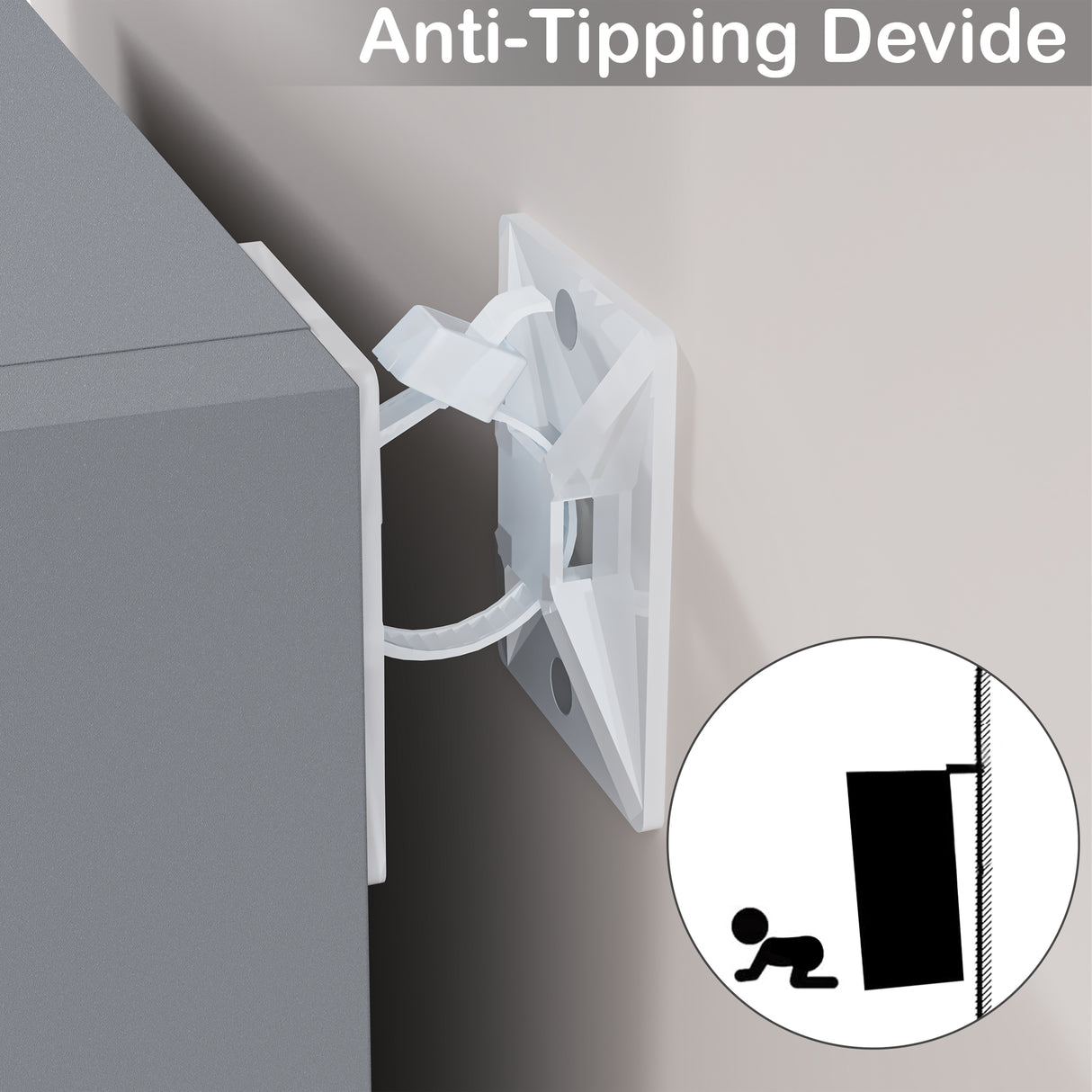 anti-tip device shown on grey thin bookcase, combining safety with a sleek design for your living room