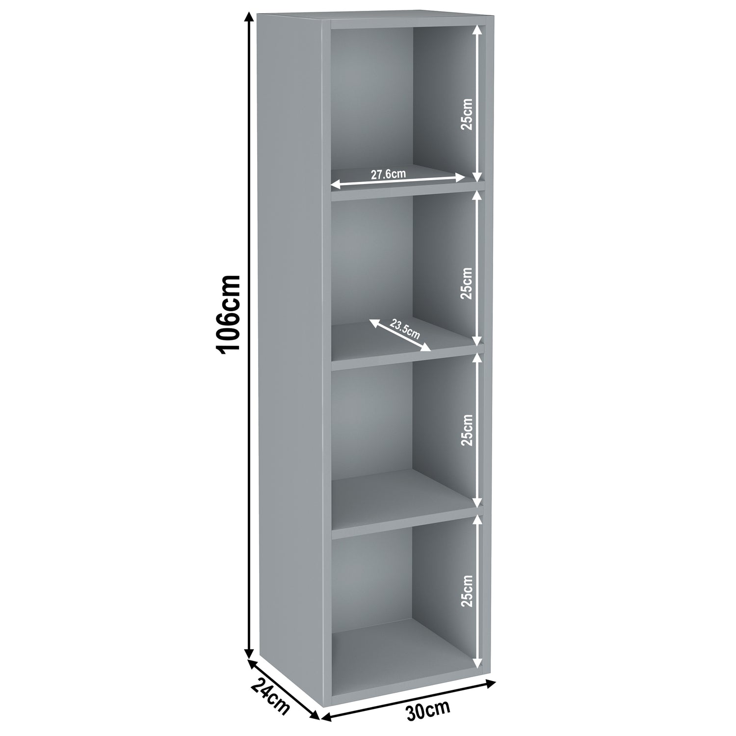 dimensions of 4 tier grey slimline bookcases, height 106cm and width 30cm. Shelf dimensions: height 25cm and depth 23.5cm