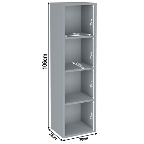 dimensions of 4 tier grey slimline bookcases, height 106cm and width 30cm. Shelf dimensions: height 25cm and depth 23.5cm