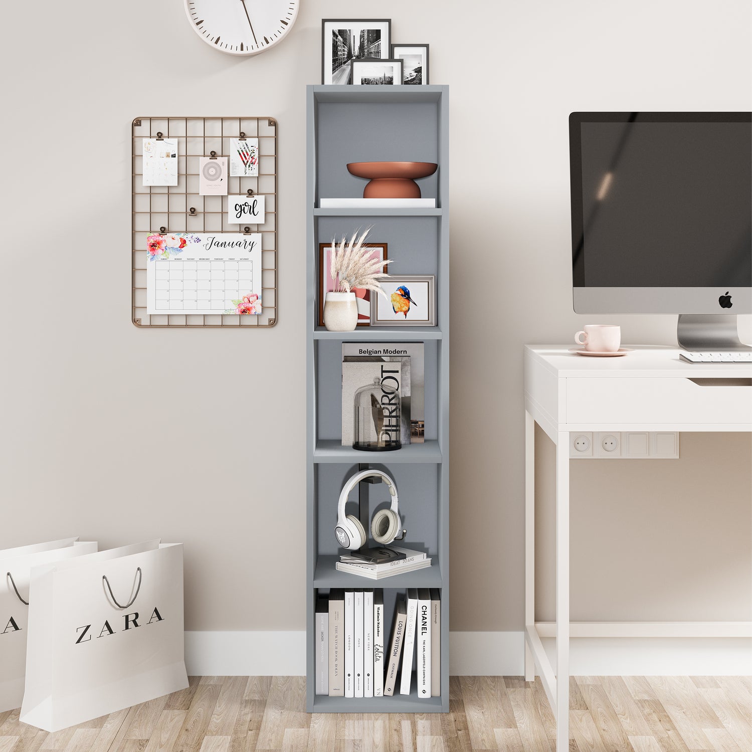 front view of grey tall shelving unit with books and decor, perfect for maximizing vertical space
