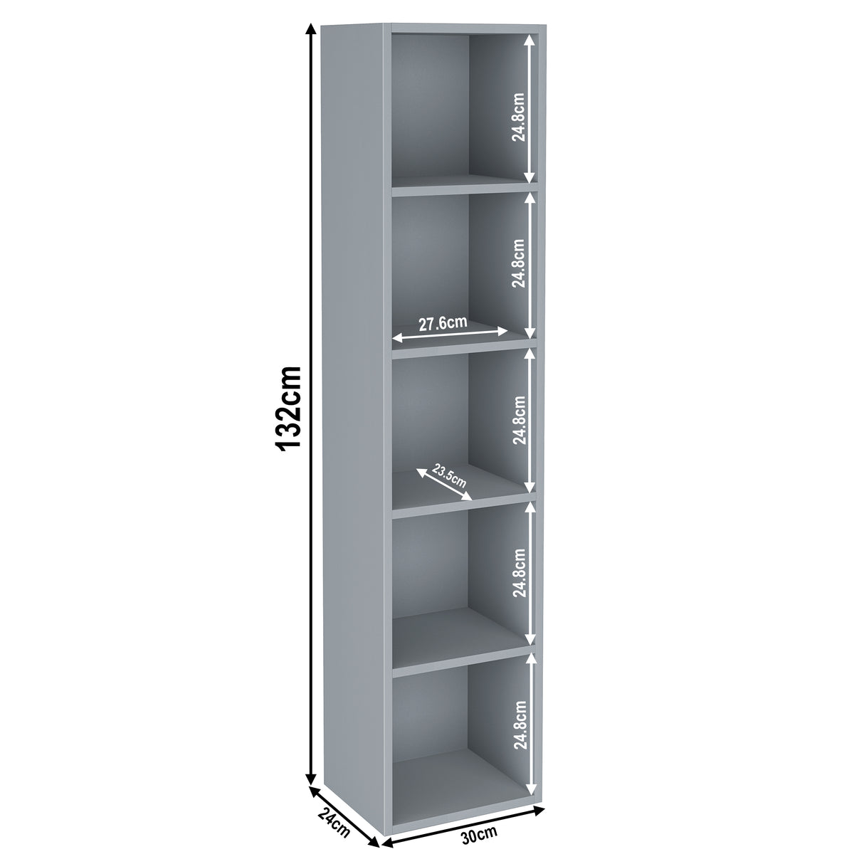 Dimensions of 5 tier grey tall slim bookcase, height 132cm and width 30cm. Shelf dimensions: height 25cm and depth 23.5cm