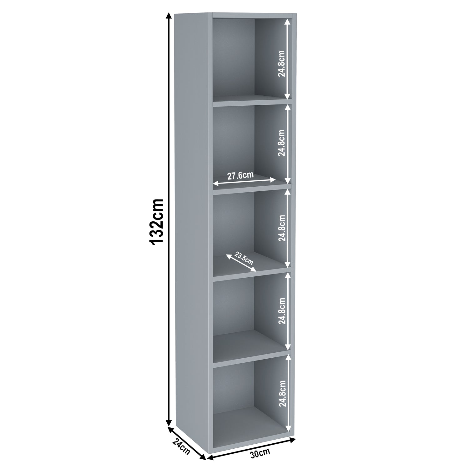 Dimensions of 5 tier grey tall slim bookcase, height 132cm and width 30cm. Shelf dimensions: height 25cm and depth 23.5cm