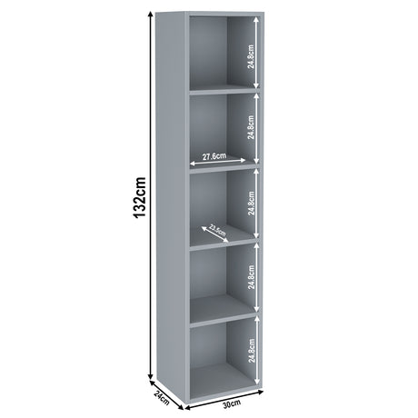 Dimensions of 5 tier grey tall slim bookcase, height 132cm and width 30cm. Shelf dimensions: height 25cm and depth 23.5cm