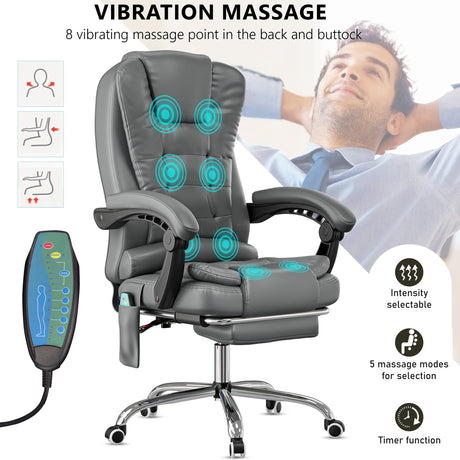 grey office chair with 8-point massage graphic and remote detail for selecting mode, speed, and massage duration
