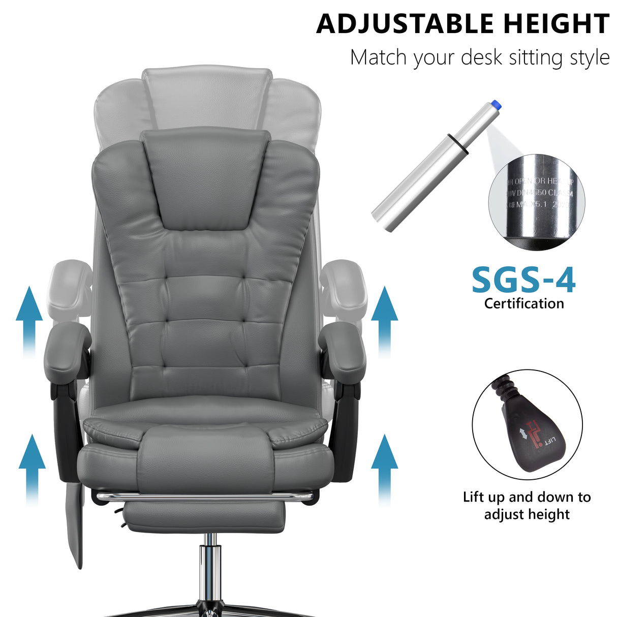 vibrating desk chair in grey PU leather with graphics of adjustable height movement and piston detail inset