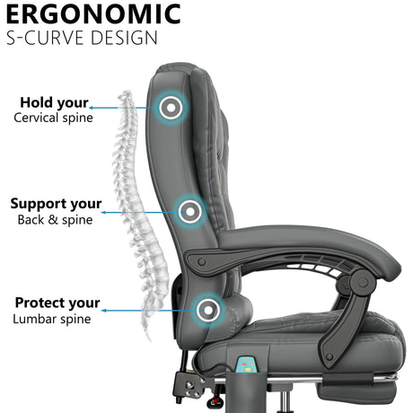 ergonomic desk chair in grey PU leather highlighting S-curve backrest for lumbar support and daily comfort