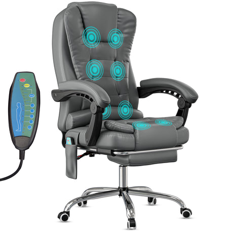 8 point massage office chair in grey PU leather designed for executive style & comfort, includes adjustable massage functions