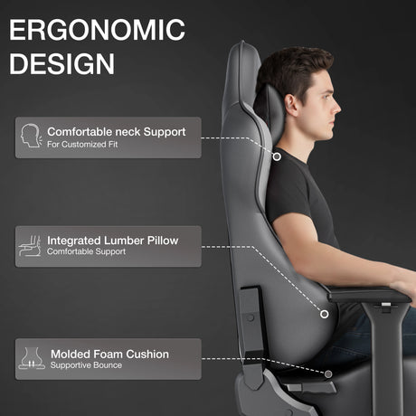 Most Comfortable Office Gaming Chair with Footrest Xstriker featuring ergonomic design with neck support, lumbar pillow, and molded foam cushion. Ideal for long PC gaming or office sessions.