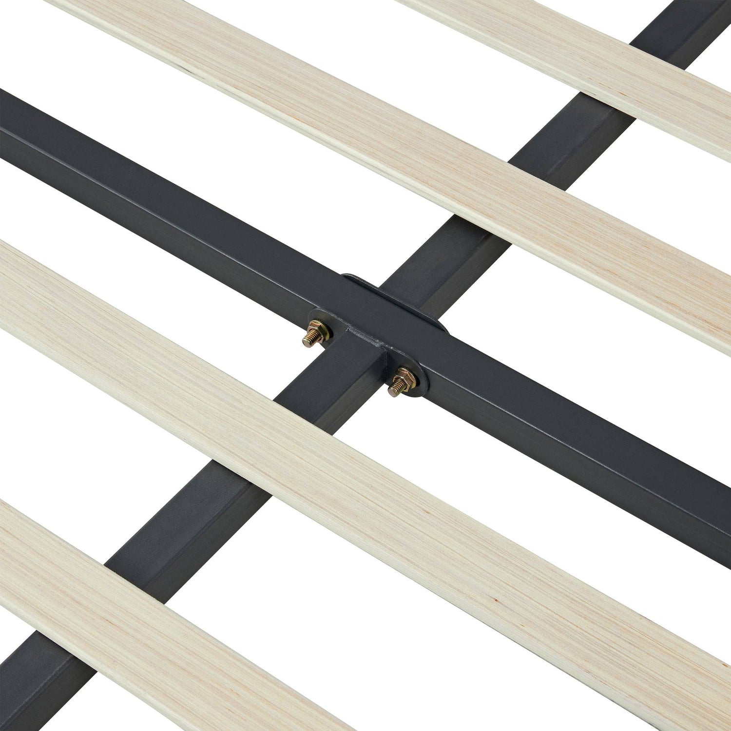 Metal center support rail with bolts on the Linen Grey Bed Frame, ensuring strong structural integrity for long-term use.