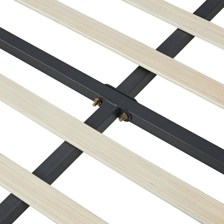 Metal center support rail with bolts on the Linen Grey Bed Frame, ensuring strong structural integrity for long-term use.