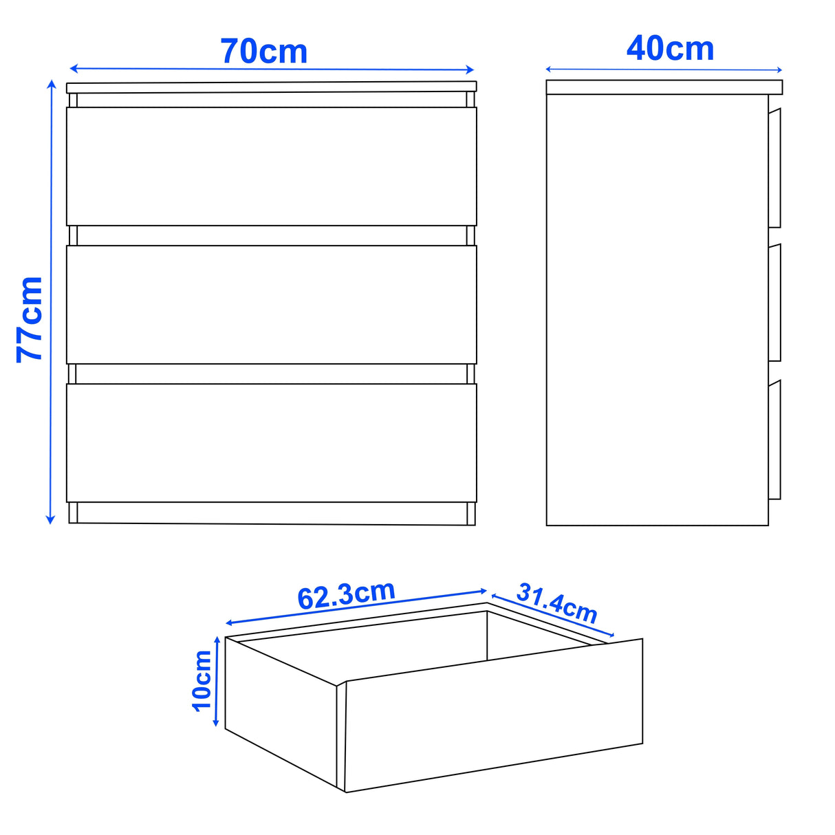 Dimensions of a piece of furniture with measurements in centimeters.