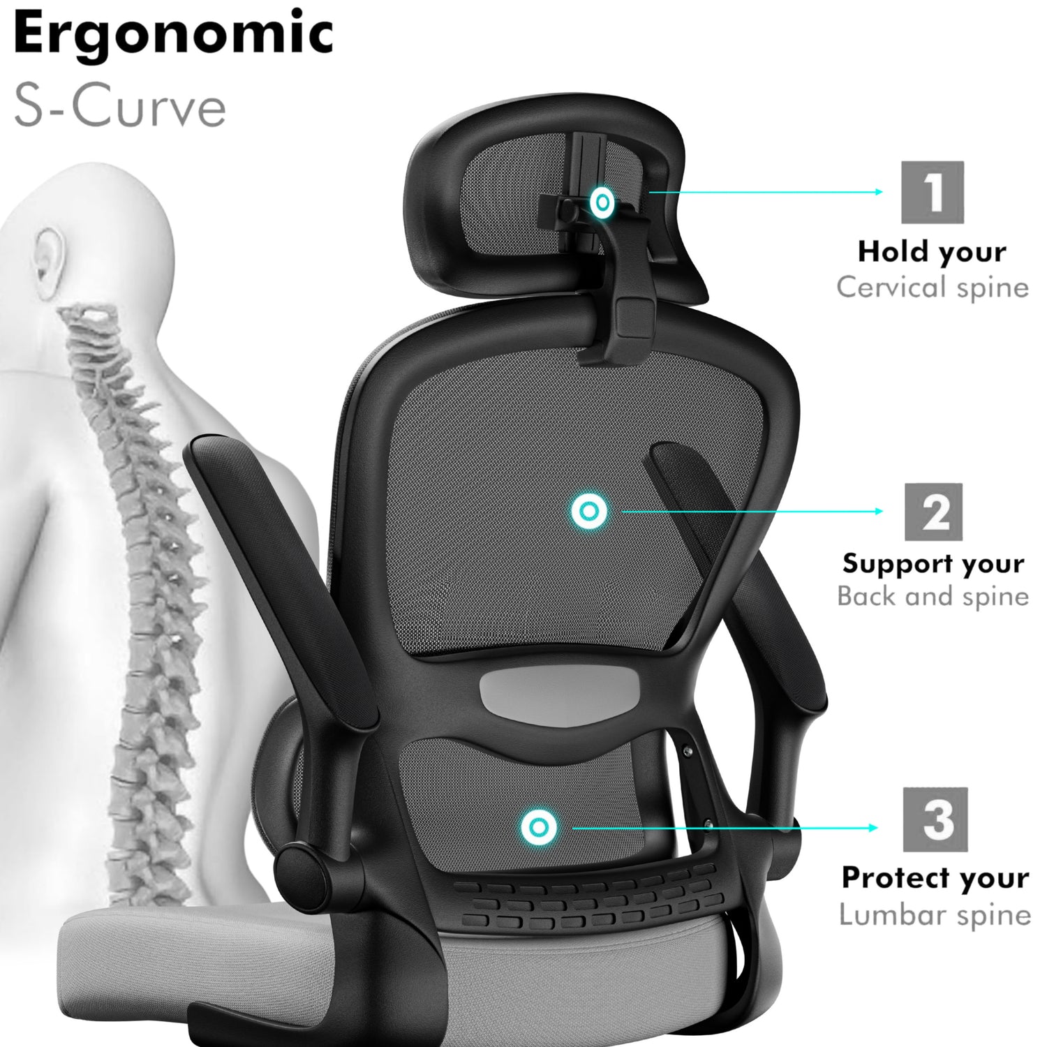 S-shaped backrest design on grey and black ergonomic chair offers excellent lumbar support.