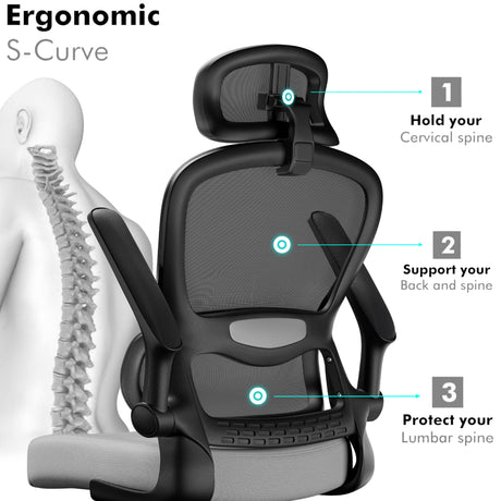 S-shaped backrest design on grey and black ergonomic chair offers excellent lumbar support.