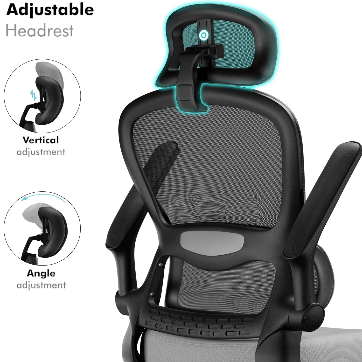 Black office chair with adjustable headrest on a white background