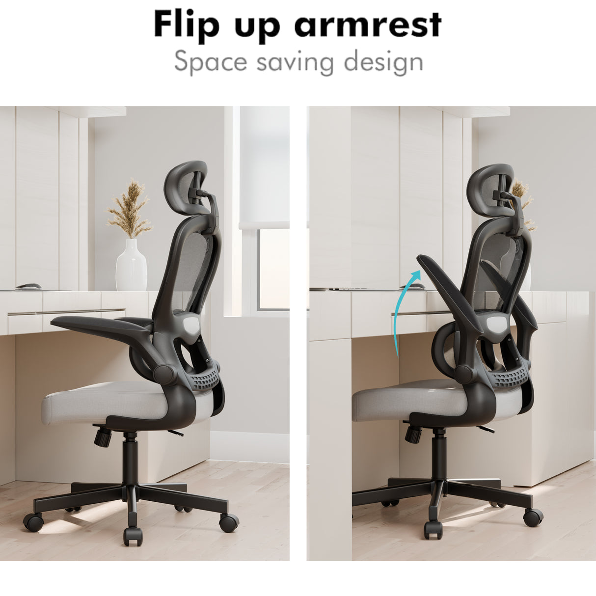 Ergonomic computer desk chairs with flip-up arms and breathable mesh in grey and black.