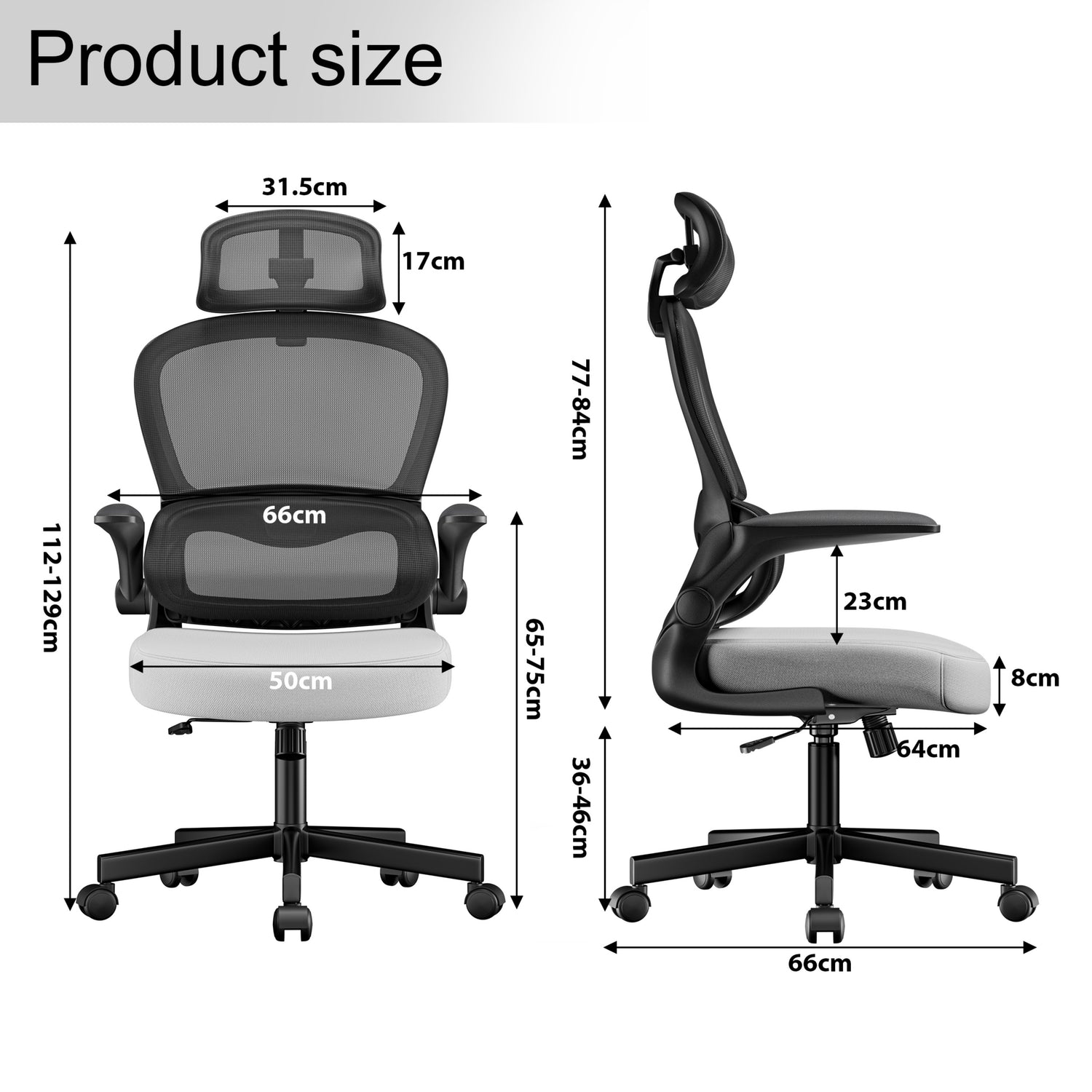 high back office chair dimensions: 50cm seat width, 64cm depth, and adjustable height 112-129cm.