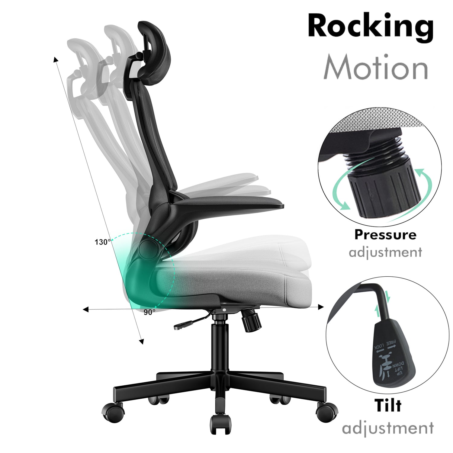 Rocking motion, adjustable recline, and tilt lock mechanism on this ergonomic height adjustable chair.
