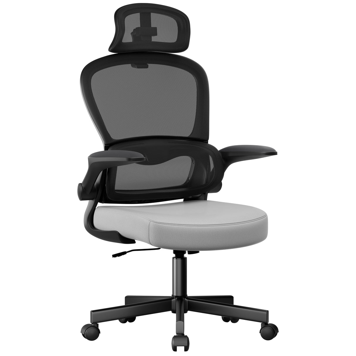 Ergonomic home office chair with black mesh back, black frame, and grey seat cushion. Features adjustable headrest and flip-up armrests.