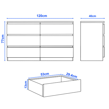 Dimensions of a kitchen cabinet with shelves and drawers on a white background